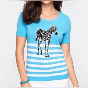 Talbots Blue Striped Zebra Print Short Sleeve Sweater Top Size S/P